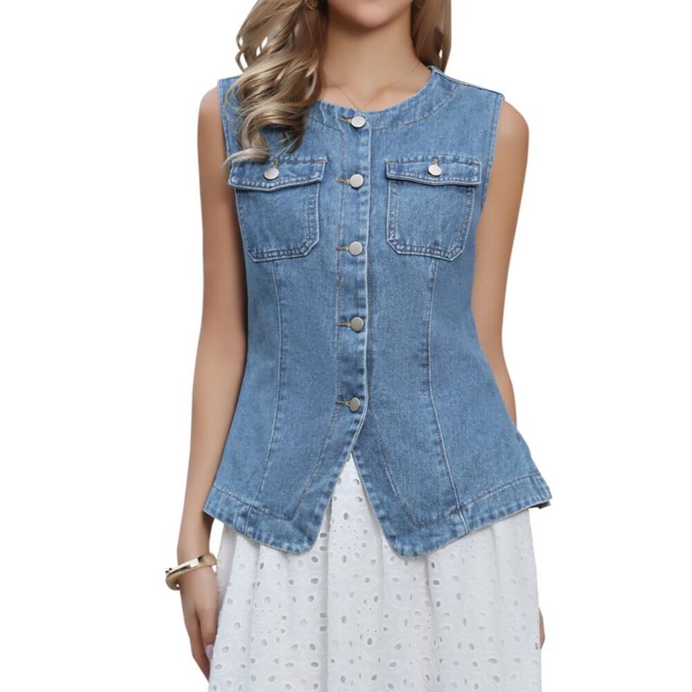 Women's Collarless Button Down Denim Vest Top Blue